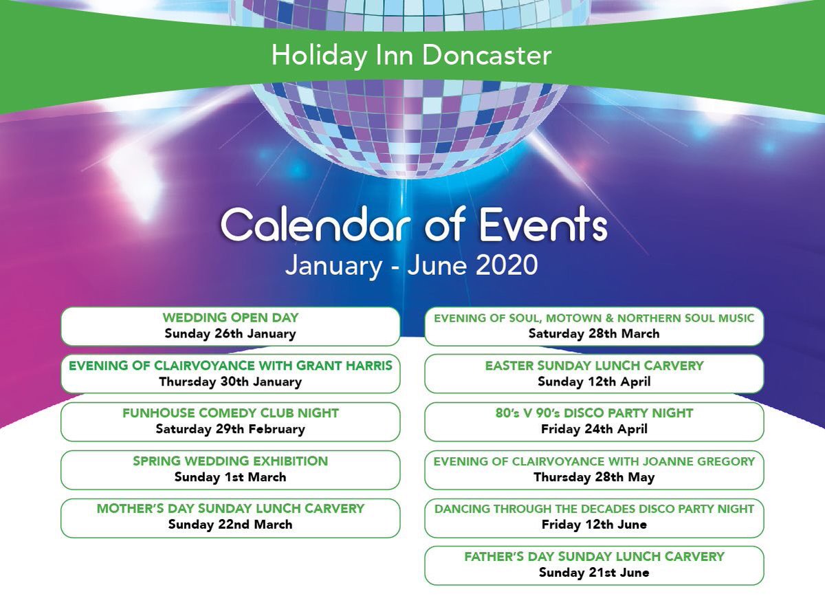 Take a sneaky peak at our NEW calendar of events from January to June this year 🤩 If you would like any details on any of the events please contact our events team on 01302 799988 / sales@hidoncaster.com #2020events #doncasterisgreat #Doncaster #HolidayInn