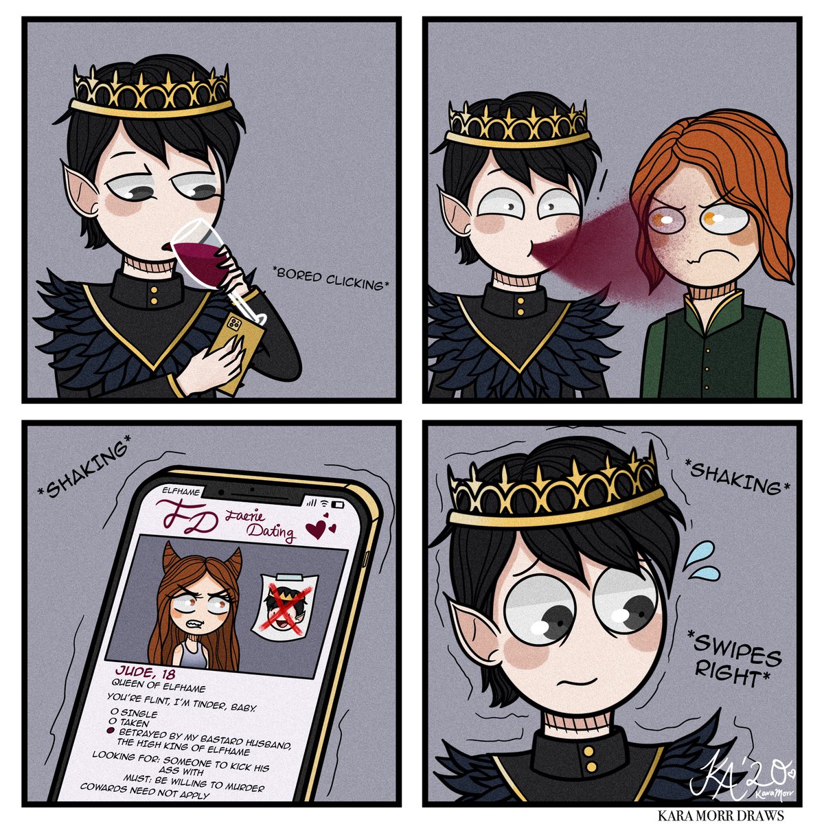 KaraMorrDraws's tweet image. JUDE ATTEMPTS ONLINE DATING 😂💗 This post was inspired by a post by @IncorrectCruelP 💕Their posts are the funniest and always inspire me! 😂 
Hope you like it! 💗
#JudeDuarte #CardanGreenbriar #Locke #HollyBlack #TheFolkOfTheAir #TheCruelPrince #TheWickedKing #TheQueenOfNothing