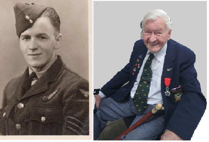 Ken as a young man in a black and white photo from WW2, and then sitting in his chair as an older man with grey hair and jacket and tie