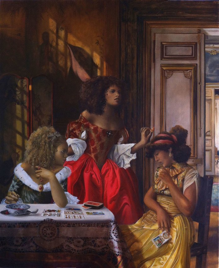 Elizabeth Colomba’s beautiful oil on canvas work — Harlem Elizabeth is described as an artist who “paints the women art history forgot”I love seeing Black women painted in this baroque style. No servants, No fetishizing, just rich fabrics + beauty