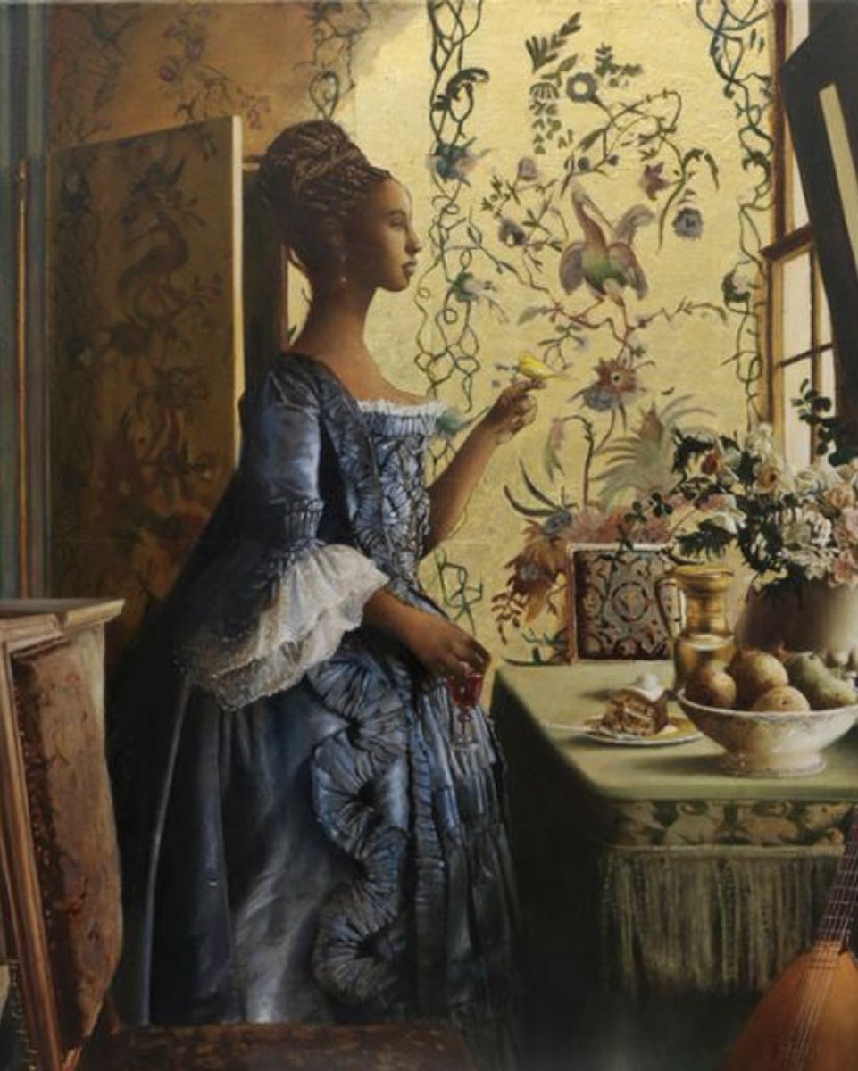 Elizabeth Colomba’s beautiful oil on canvas work — Harlem Elizabeth is described as an artist who “paints the women art history forgot”I love seeing Black women painted in this baroque style. No servants, No fetishizing, just rich fabrics + beauty