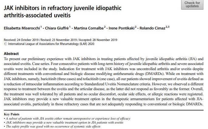 #JAKinhibitors may provide a new valuable treatment option in #JIA patients with #uveitis particularly in those refractory cases that are not adequately responding to conventional or biologic DMARDs.
Read more: rdcu.be/bZRyz
#JuvenileArthritis