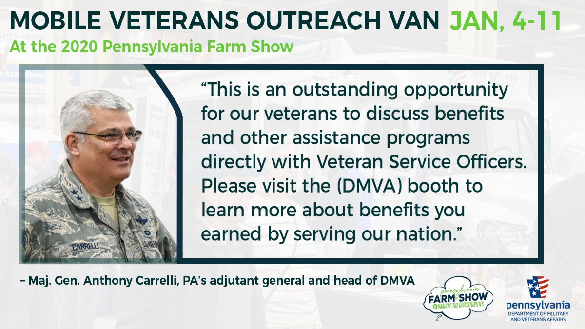 PADMVA's tweet photo. Starting today at the 2020 Farm Show, the @PADMVA Veterans Outreach Van will be there with Veteran Service Officers to provide assistance to veterans and family members who may be eligible for programs, benefits and services.

For more information, visit: https://t.co/qr4KVoIVy0 https://t.co/szWkE5iToZ