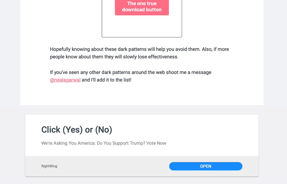 A screenshot of neal.fun/dark-patterns with a dark pattern in the ad at the end of the page