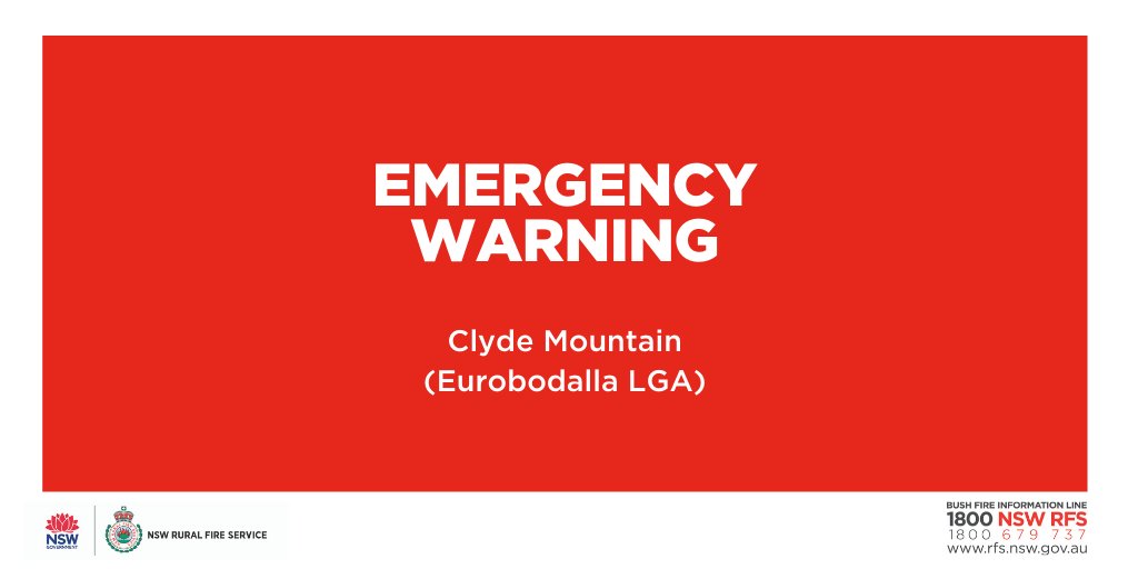 NSWRFS's tweet photo. EMERGENCY WARNING – Clyde Mountain (Eurobodalla LGA)
Areas north of the Moruya River including Mogendoura, Polwombra and across to the coast near Moruya Airport. It is too late to leave. Seek shelter as fire approaches. 
For more: https://t.co/fVBBT34e8c
#nswrfs #nswfires #alert https://t.co/uxkU9Y6vgb