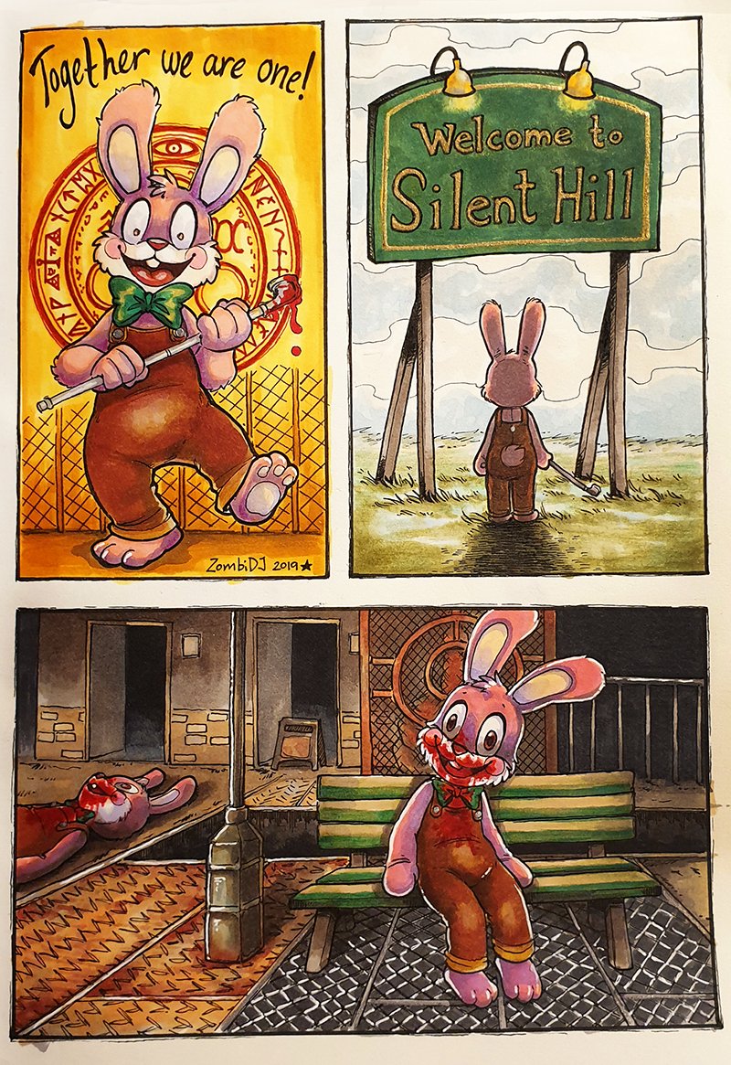 DarkTwinTeeko's tweet photo. "A rabbit doll....no, it's a costume." #robbierabbit #robbietherabbit #silenthill #sh3 #artistsontwitter #zombidj https://t.co/1mhIhVUNIr