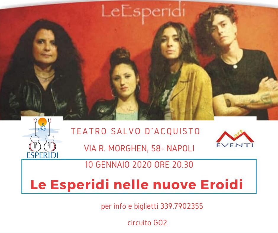Venerdì 10 gennaio Teatro Salvo D’Acquisto “Le Esperidi nelle Nuove Eroidi .Tra gli ospiti: il Console del Benin, la rappresentanza del Consolato venezuelano, la scrittrice Wanda Marasco e tanti altri! Spettacolo musicale innovativo da non perdere. info/biglietti 339.7902355