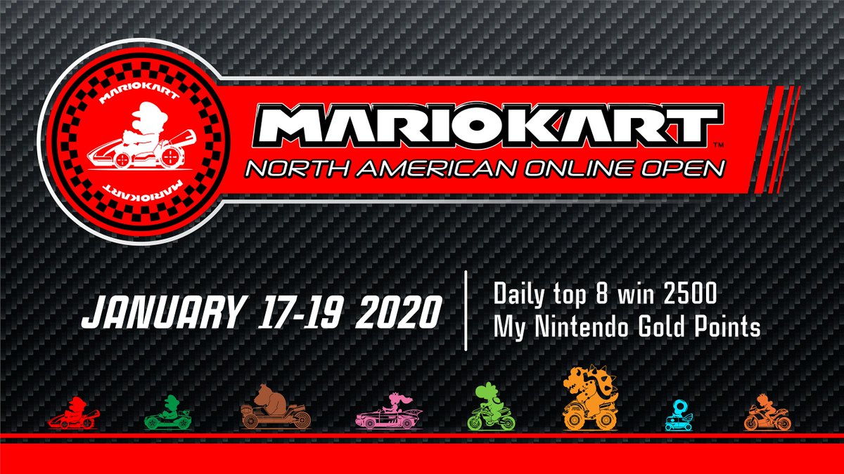 Rev your engines and grab your Red Shells, the #MarioKart8Deluxe North American Online Open begins on 1/17! Alongside bragging rights, the top 8 players will  be eligible to win 2500 My Nintendo Gold Points.

Learn More, including how to join on 1/17:  events.nintendo.com