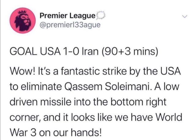 Tom_Bat3man's tweet photo. Oh joy... here’s most of us thinking through what to do this year like save money or eat less chocolate.. when what opens 2020 but #WorldWarThree -or so it looks at the moment. https://t.co/uElKGvP2W3