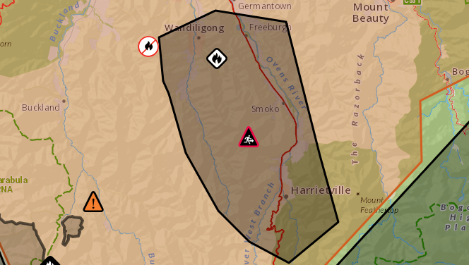 vicemergency's tweet photo. Evacuate Now - Bushfire
Issued Today at 10:02 AM.
https://t.co/XZY9uEcO6X.
Evacuate Now if you are located in Freeburgh, Harrietville, Smoko, Wandiligong and surrounding communities. https://t.co/nsrWQirQUG