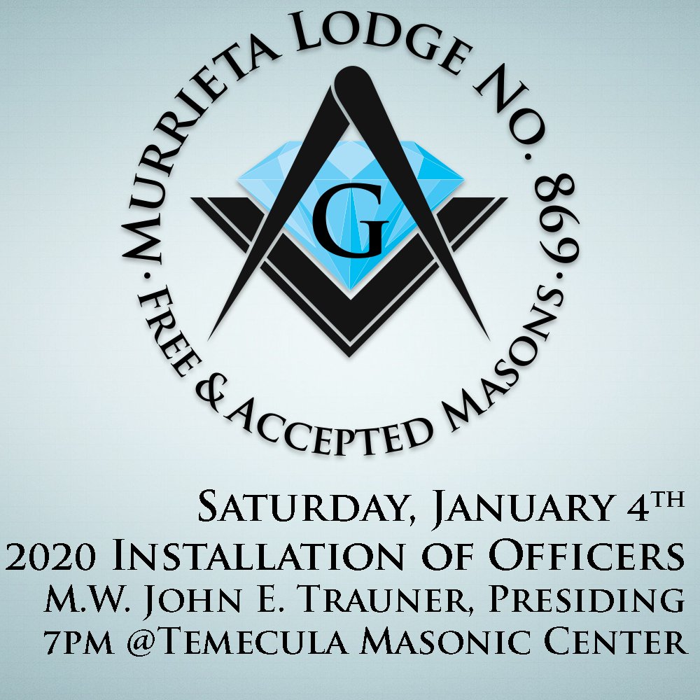 widowssons869's tweet photo. 2020 Installation of Officers - Join us as the Grand Master of Masons in California, MW John E. Trauner, installs the 2020 Corps of Officers for Murrieta Lodge No. 869. Prime rib dinner to follow! - https://t.co/JahTBAq5xv 

#freemason #freemasons #freemasonry #masonsofca https://t.co/qHkls7gEwt