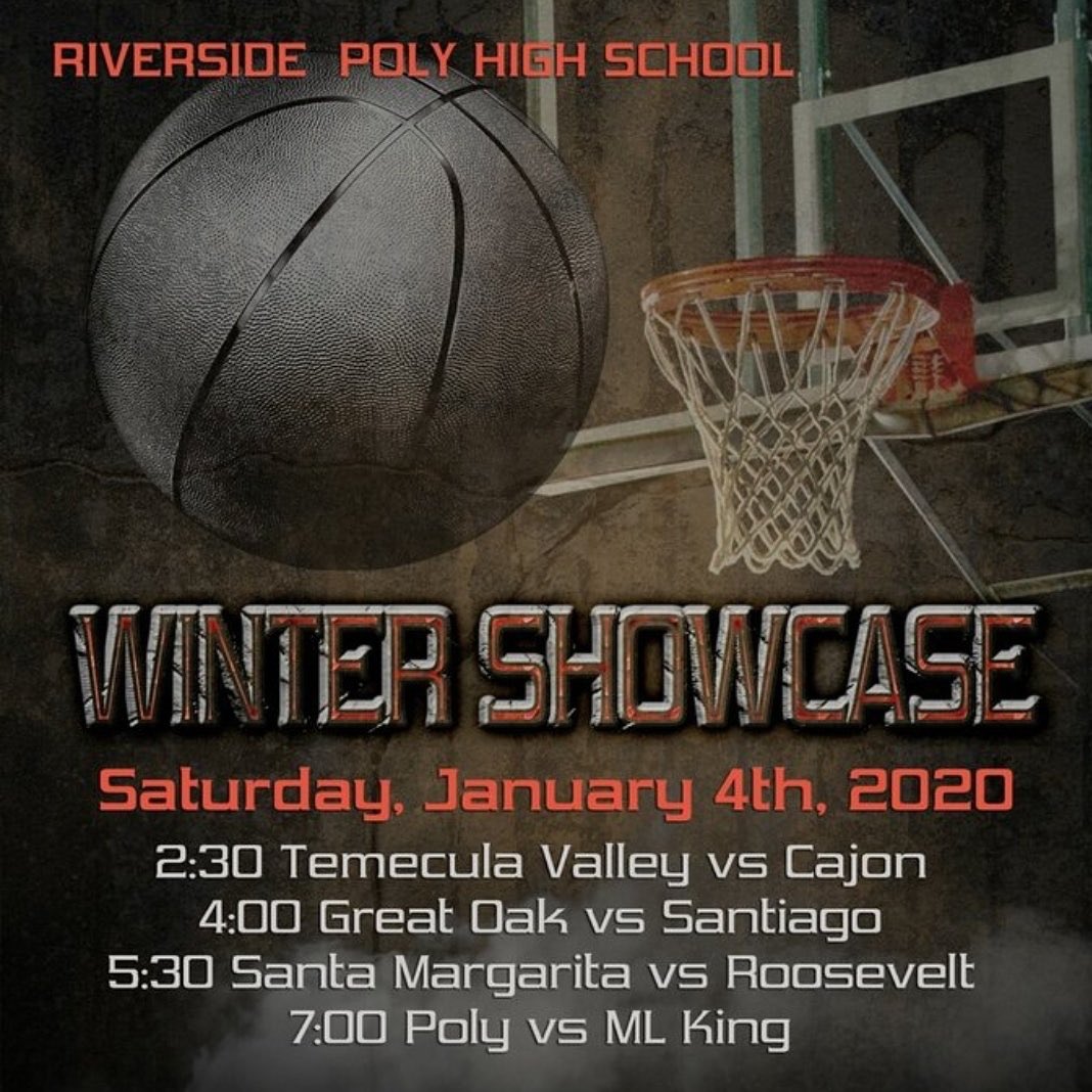 Inland_Sports's tweet photo. It’s going up at #RiversidePoly on Saturday with the Winter Showcase! Some great games are slated starting with Cajon vs Temecula Valley, and ending with King vs Poly! Big Time hoops! https://t.co/2GGXnRZWzr