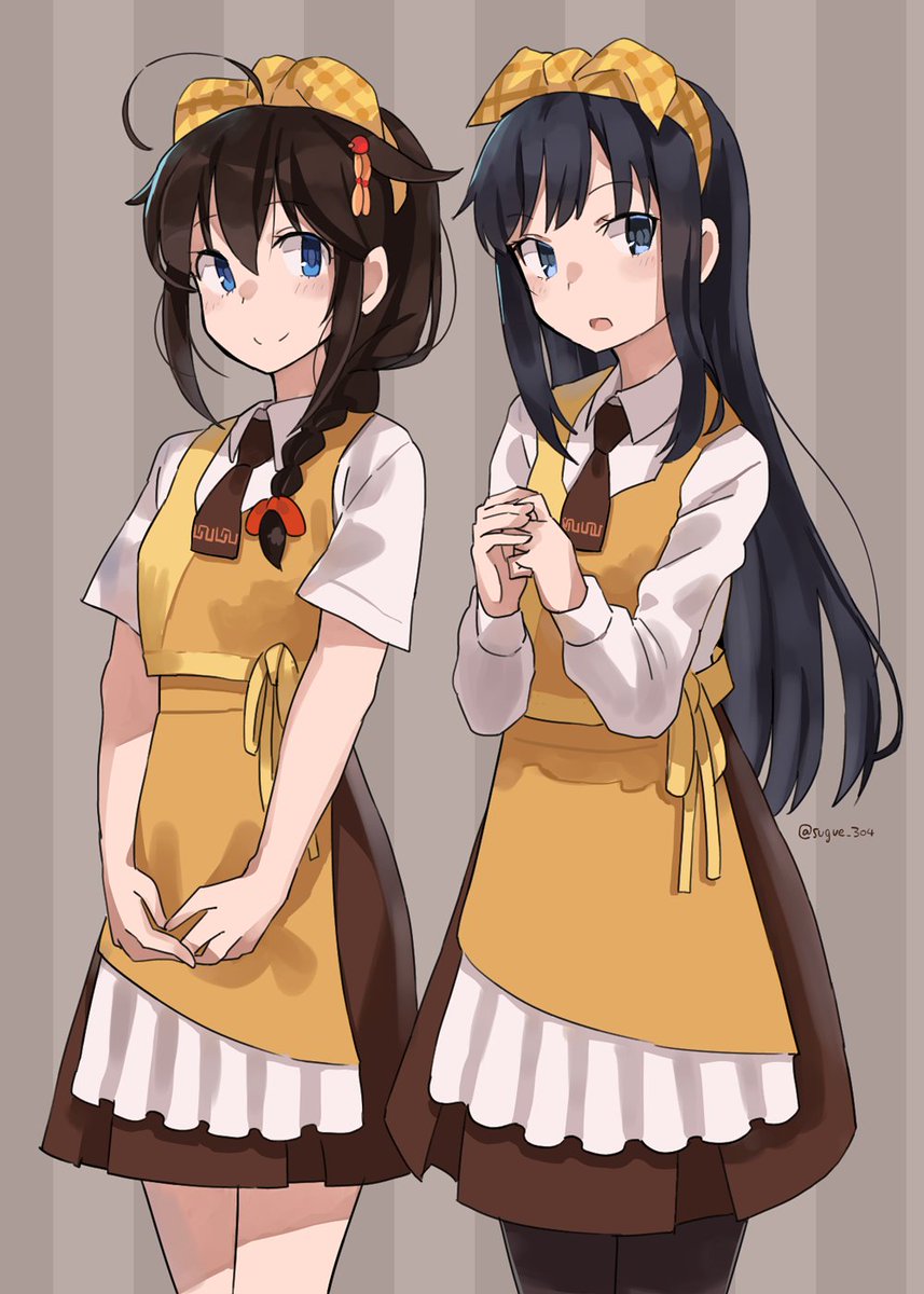 asashio (kancolle) ,shigure (kancolle) ,shigure kai ni (kancolle) multiple girls 2girls blue eyes black hair apron long hair braid  illustration images