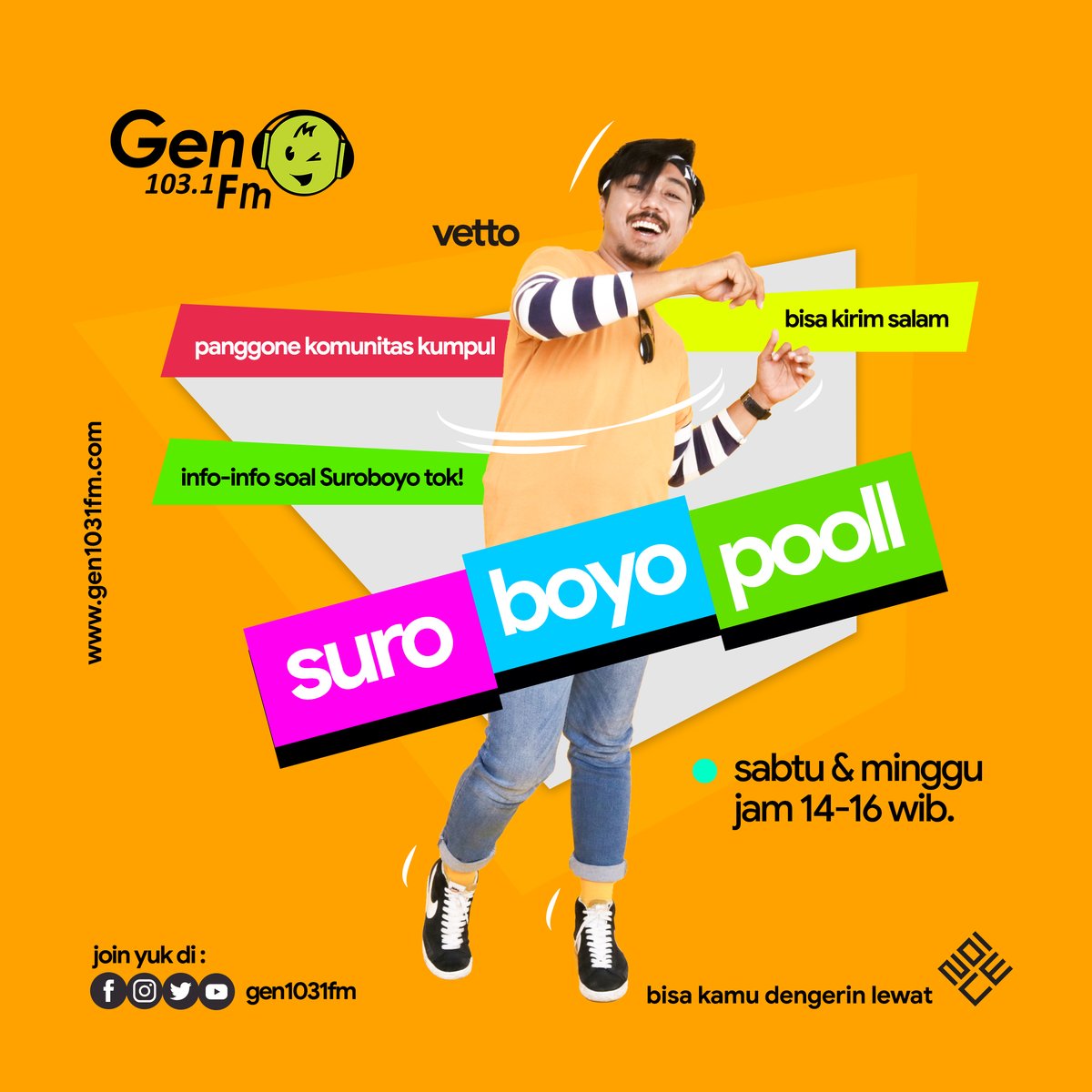 gen1031fmsby's tweet photo. Ngaku #SobatGen Suroboyo, kudune isok boso Suroboyoan. Ngakune asli Suroboyo, tapi ngerti soal Suroboyone gak adoh. Makane rungokno @vettoo sing siaran nang #SuroboyoPoollWaniPooll sampai jam 4 sore. Kirim salam gawe sopo ae nang kene isok! https://t.co/845wkB1glC