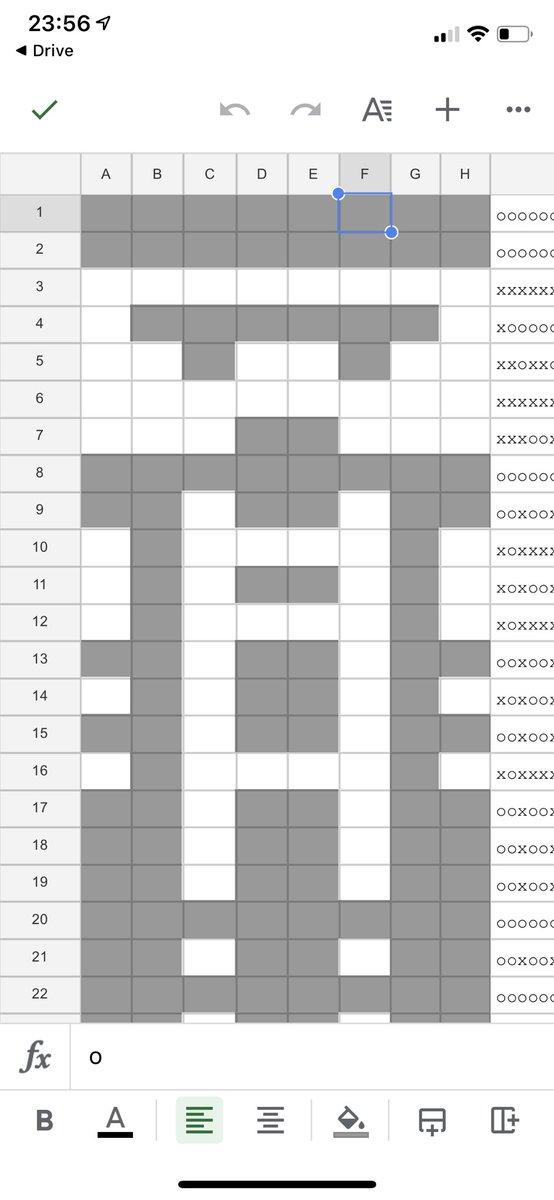 Makeshift icon editor on Google spreadsheets - there are conditional formatting rules for each cell, I type an x or an o and it changes the background colour and text colour to either display on or off. Then I concatenation each row