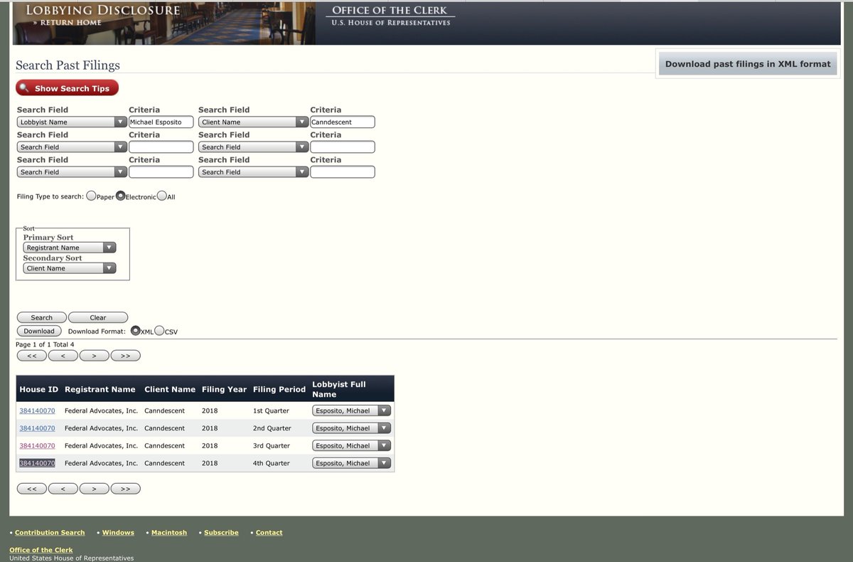 In 2018 Michael Esposito disclosed Canndescent (a pot company) paid him $360,000.00 for lobbying House LDA http://disclosures.house.gov/ld/ldsearch.aspx