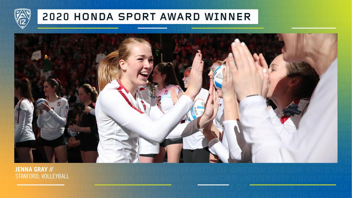 pac12's tweet photo. Congratulations to @StanfordWVB's Jenna Gray on winning the @CWSA_HondaCup award for volleyball! 

This marks the second-straight year a Cardinal has won the award as Stanford leads all schools with 10 Honda Award winners for the sport of volleyball. 

#Pac12VB | #BackThePac https://t.co/tpmXM8ZRMx
