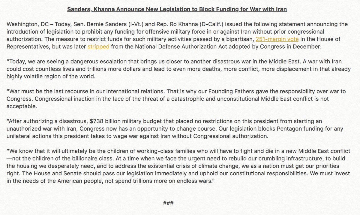 RepRoKhanna's tweet image. Congress has the power to change course and stop a war with Iran. 

@SenSanders and I are introducing legislation to block Pentagon funding for any unilateral actions this president takes to wage war against Iran without Congressional authorization.

Enough.