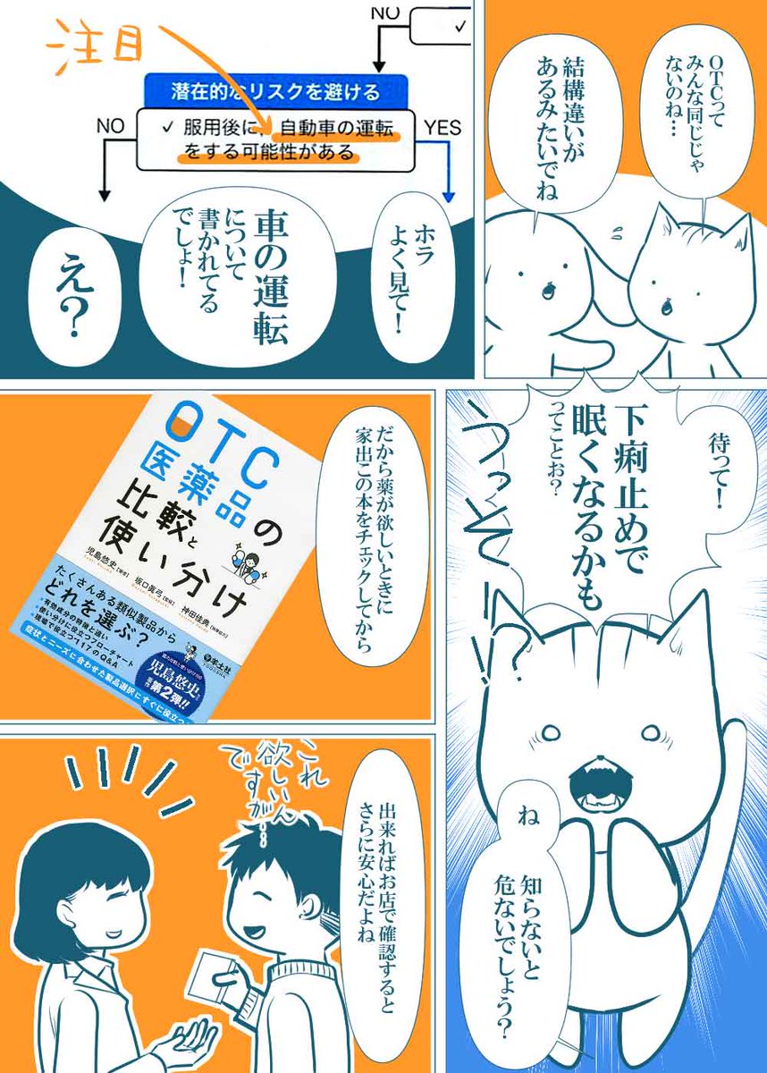 市販のお薬(OTC)を選ぶときにこの本を参考にするといいですよ。めっちゃ詳しい!
私は「風邪がはやってるから受診したくないなあ…市販薬にしたいなあ」って時が多いので凄く助かります。胃腸薬とか。
みんな買おう。

OTC医薬品の比較と使い分け   児島 悠史  