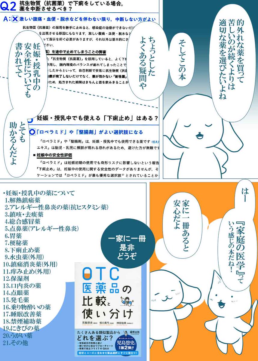 市販のお薬(OTC)を選ぶときにこの本を参考にするといいですよ。めっちゃ詳しい!
私は「風邪がはやってるから受診したくないなあ…市販薬にしたいなあ」って時が多いので凄く助かります。胃腸薬とか。
みんな買おう。

OTC医薬品の比較と使い分け   児島 悠史  