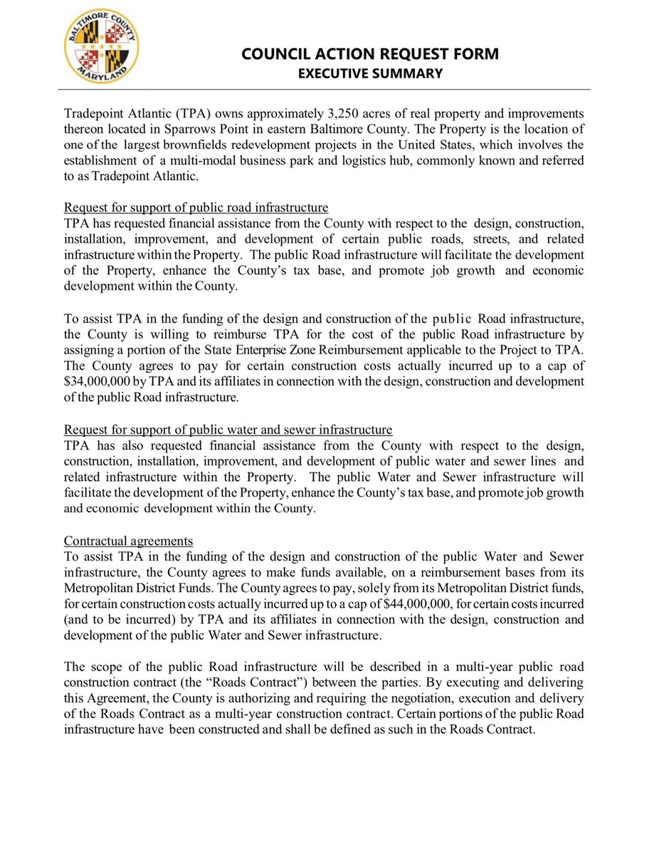 Contract Amount $78,000,000.00“This is an Agreement with Tradepoint Atlantic, LLC to enter into a public infrastructure agreement with Tradepoint Atlantic...”(ps if you were paying attention to the Senate LDA - you’ll see what I did)Search for Contract https://baltimorecountymd.gov/index.html&nbsp;