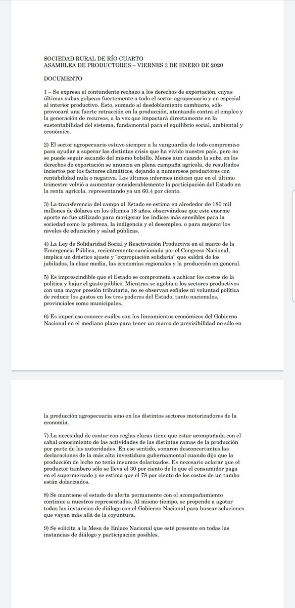 Documento de la Asamblea de Productores en Río Cuarto