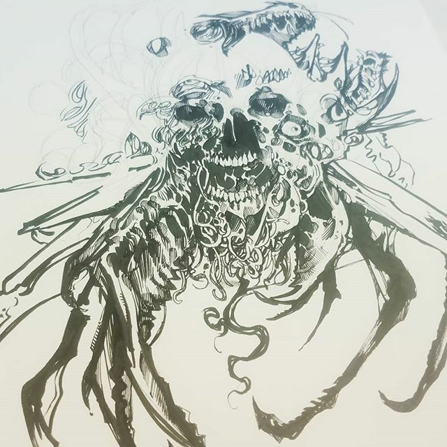 sin_potter's tweet photo. At my new day job doodling horror stuff #comicbookart #comicbookartist #ink #sinpotter #painting #marvelcomics #marvel #image #venom #spiderman #villain #maximumcarnage #horror #horrorart #scary #thing #skull #spider https://t.co/YMW17w7YJy https://t.co/sLvyrGLoqI