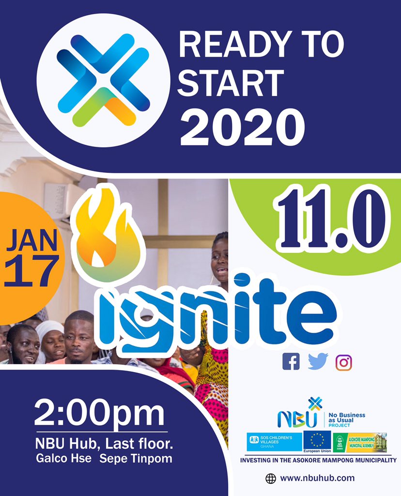 NBU Hub presents its *first event for 2020* themed _Ready-to-start 2020_  on Friday 17th January, 2020 at NBU Hub ~ Last floor of GALCO House. 

Let’s gather some vigor for the exciting opportunities that would come our way this year. <a href="/Ghanathink/">GhanaThink</a> @Misss_Quaye <a href="/Shaibu_30/">Shaibu Fuseini</a>