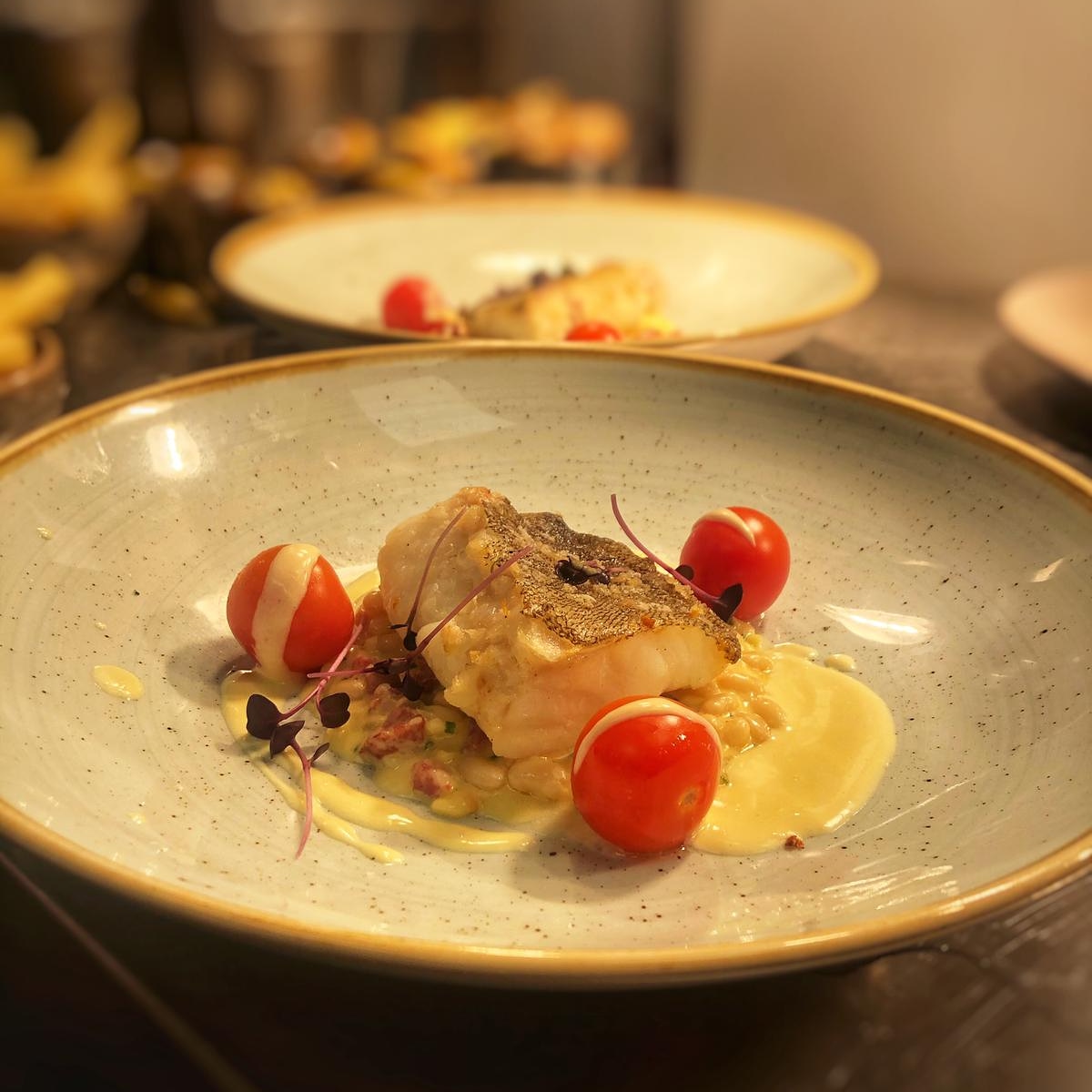 One of our beautiful dishes from Lils A La Carte menu ; Cod Accompanied by Coco Beans, Celeriac, Morteau Sausage &amp; Verjus Sauce 😍😍 #avalonhousehotel #localsuppliers #localproduce #freshingredients #lilsrestaurant