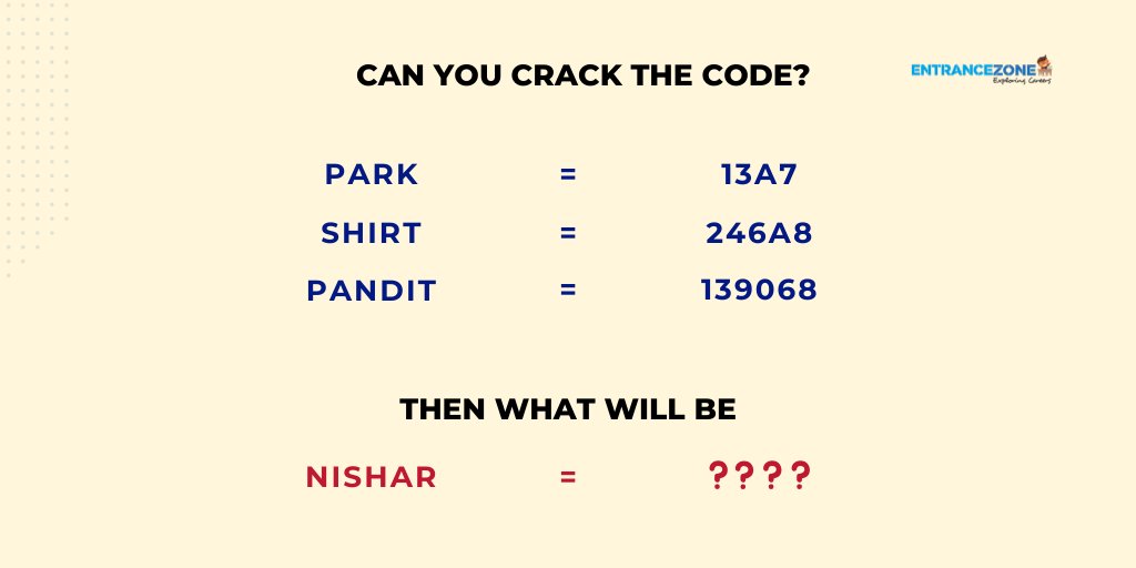 entrancezone's tweet photo. Can you crack the code?
Follow us on Facebook: https://t.co/27HJHBuW5F
Instagram: https://t.co/ru0EcbgtW2

#crackthecode #logicalquestion #crackthecodes #crackthecodechallenge https://t.co/xZvByIpUlf