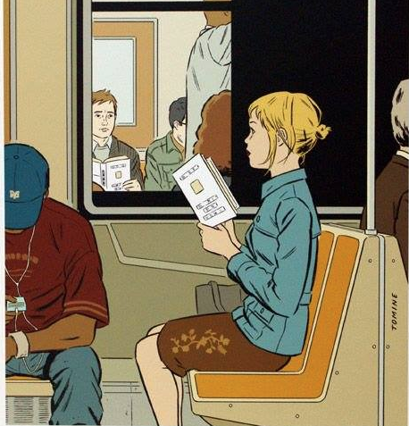 CalamoyCran's tweet photo. Dicen que ver a alguien leyendo un libro que te gusta es ver a un libro recomendándote a una persona.
Ilustración de Adrian Tomine https://t.co/K5CfMgvZxj