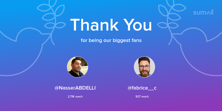 Our biggest fans this week: NasserABDELLI, fabrice__c. Thank you! via sumall.com/thankyou?utm_s…
