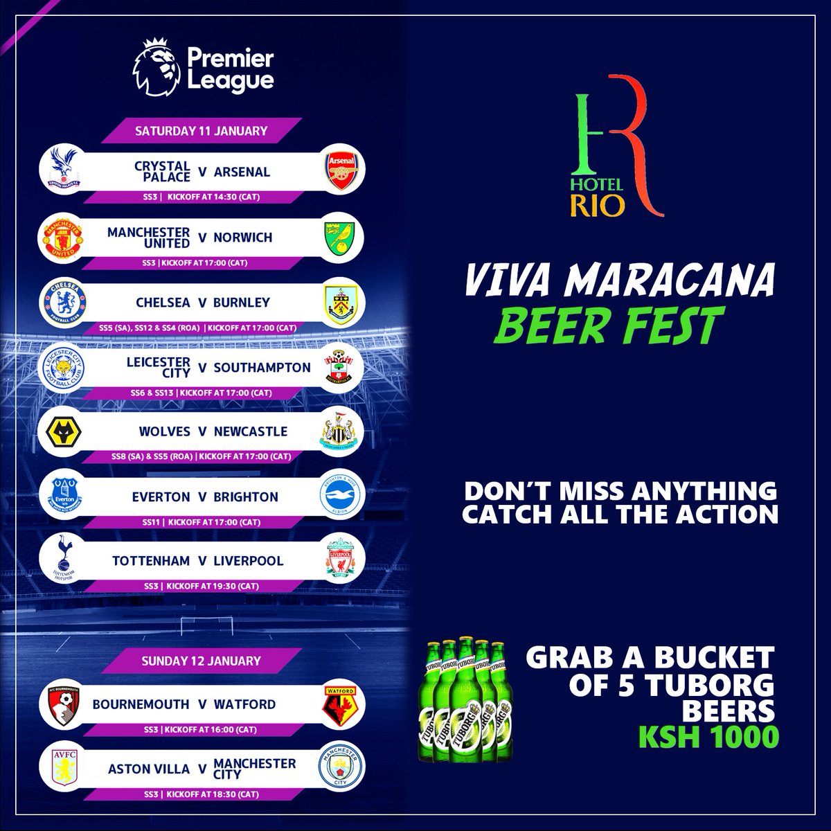 HotelRioNairobi's tweet photo. Can Mourinho stop Liverpool this weekend? 👊⛔️
We've got the perfect space to chill out and enjoy all the @PremierLeague fixtures plus @Tuborg Bucket of 5 Beers at KSH 1000! ⚽ 🍻
#VivaMaracana #TwendeRio
#CRYARS #MUNNOR #CHEBUR #LEISOU #WOLVNEW
#EVEBHA #TOTLIV #BOUWAT #AVLMCI https://t.co/2C324EyxjG