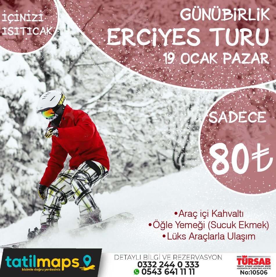 19 Ocak Pazar günü Erciyes’e gidiyoruz 🌧️ ❄️⛈❄️

- Araç İçi Sabah Kahvaltısı☃️
- Öğlen  Sucuk Ekmek ve İçecek⛄️
- Lüks Araçlarla Ulaşım ☃️
- Tatilmaps  Rehberliği☃️

📍Kişi Başı Sadece 80₺📍

#erciyeskayakmerkezi #konya #selçuklu #meram #karatay #semazenturizm #tatilmaps