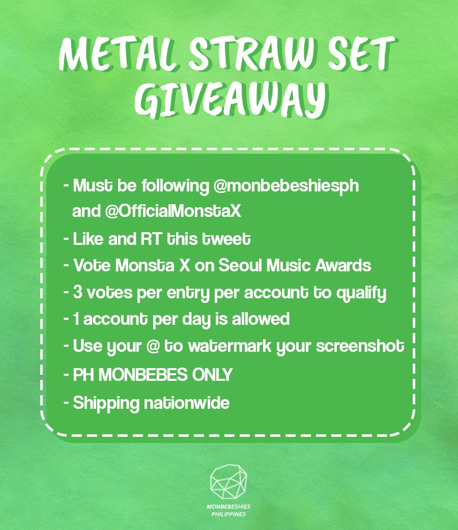 monbebeshiesph's tweet photo. MONSTA X Metal Straw Set GIVEAWAY

In collaboration w/ @MonbebeUnitedPH we are giving away 4 metal straw sets!

We encourage everyone to vote for @OfficialMonstaX on Seoul Music Awards &amp; give them the award they deserve for their hardwork🏆

See posters:
#MONSTAXArtistOfTheDecade https://t.co/5yATupV2FV