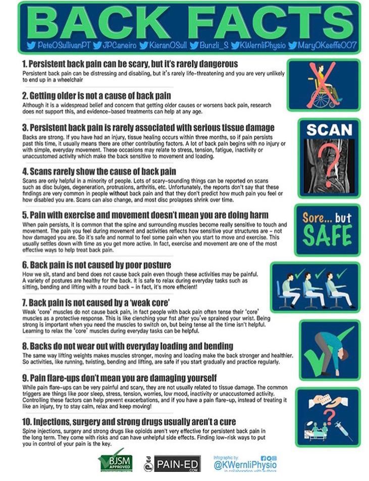 TheActivePhysi1's tweet photo. 10 need to know facts about back pain.. how many did you know?
Thanks @BJSM_BMJ @KWernliPhysio and all authors
#loveactivityhateexercise #activephysio #keepingfit #active #rehabilitation #recovery #sports #injuries #sportsinjury #backpain #lowerbackpain https://t.co/NblmzsNnVf