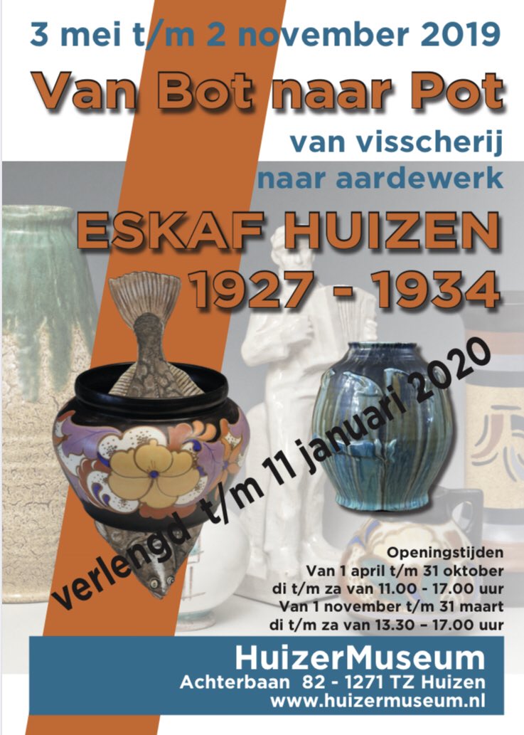 De allerlaatste dag! Van Bot naar Pot. Verrassende ontwerpen van beeldhouwer Hildo Krop en schilderingen van Kiek Vander? Prachtig aardewerk v/d Huizer Eskaf! Drink n lekker kop thee/koffie (bij entree incl) bij het lezen over deze bijzondere fabriek #100jaareskaf #vanbotnaarpot