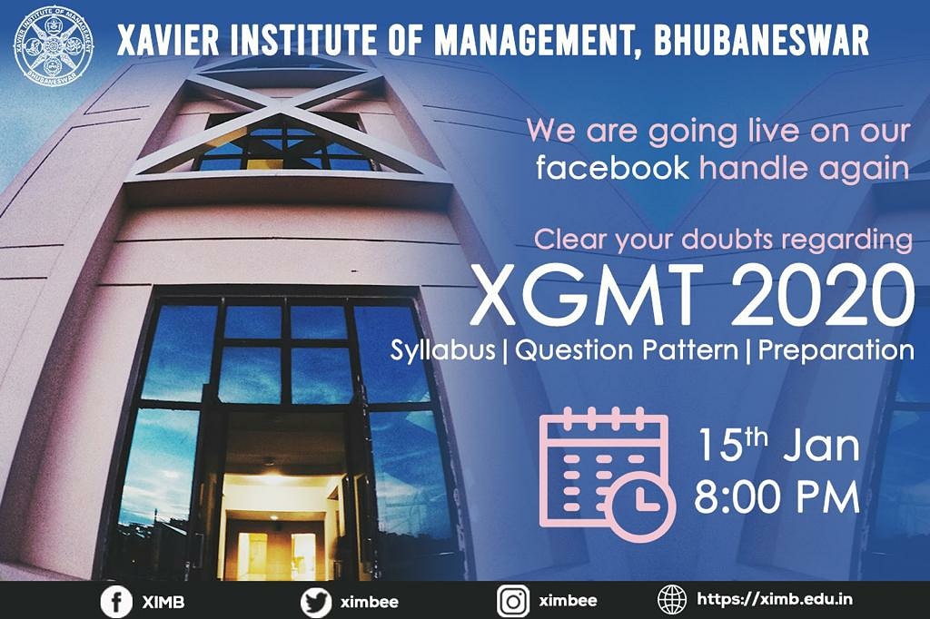 ximb_official's tweet photo. With around 15 days left for XGMT, We have scheduled a Facebook live for all the X-GMT aspirants so that they can be acquainted with the exam pattern and get handy tips for the exam.

Join us on Facebook Live on 15th January 2020 at 8 pm!

#MBAXAM #XGMT #XIMB https://t.co/kQSa9HG8Q0