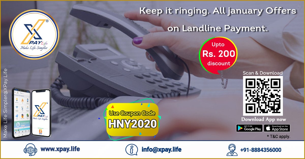 XpayLife's tweet image. The landline payment can be done at an attractive discount upto Rs 200 from XPay Life app. Offer Valid till 31Jan 2020. Terms and Conditions Apply.

Know More Information Visit: xpay.life/Offer/OfferDet…

Website: xpay.life

#Newyearoffer #offers #couponscode