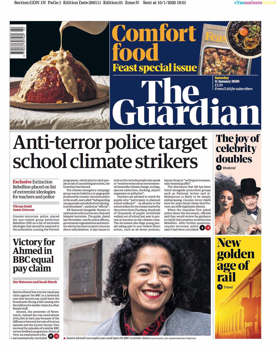 Front page of today's Guardian

Prevent has discriminated against Muslim communities for years. Now the police want to target climate strikers too

Imagine your child being put on an watchlist for expressing 'excessive concern' about #ClimateBreakdown