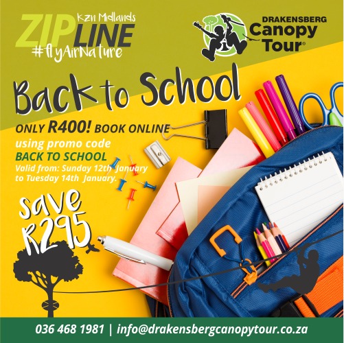 It's almost time to start a new journey with back to school ... so we're giving you an opportunity to kick off with a zipline adventure ... and SAVE R295pp!
Book online using promo code Back To School
drakensbergcanopytour.co.za