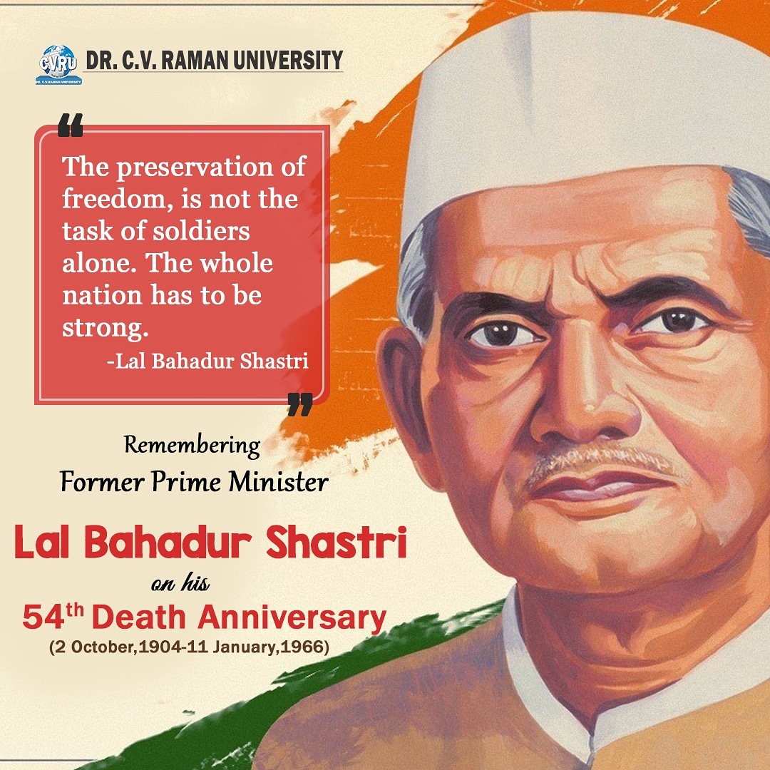 cvruCG's tweet photo. The preservation of freedom, is not the task of soldiers alone. The whole nation has to be strong.
~ Lal Bahadur Shastri, Former Prime Minister of India
#India #PM #LalBahadurShastri #Indian #Freedom #AISECTGroup #ManOfPeace #CVRU #Bilaspur #CG https://t.co/JrGUhhAH7Z