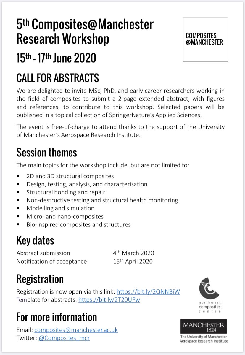 Working in the field of composites? 
Calling for all #composites researchers: 

Share your research in the 5th composites@MCR workshop on 15th - 17th June 2020! 

Register to participate and submit your abstract at bit.ly/2QNNBiW