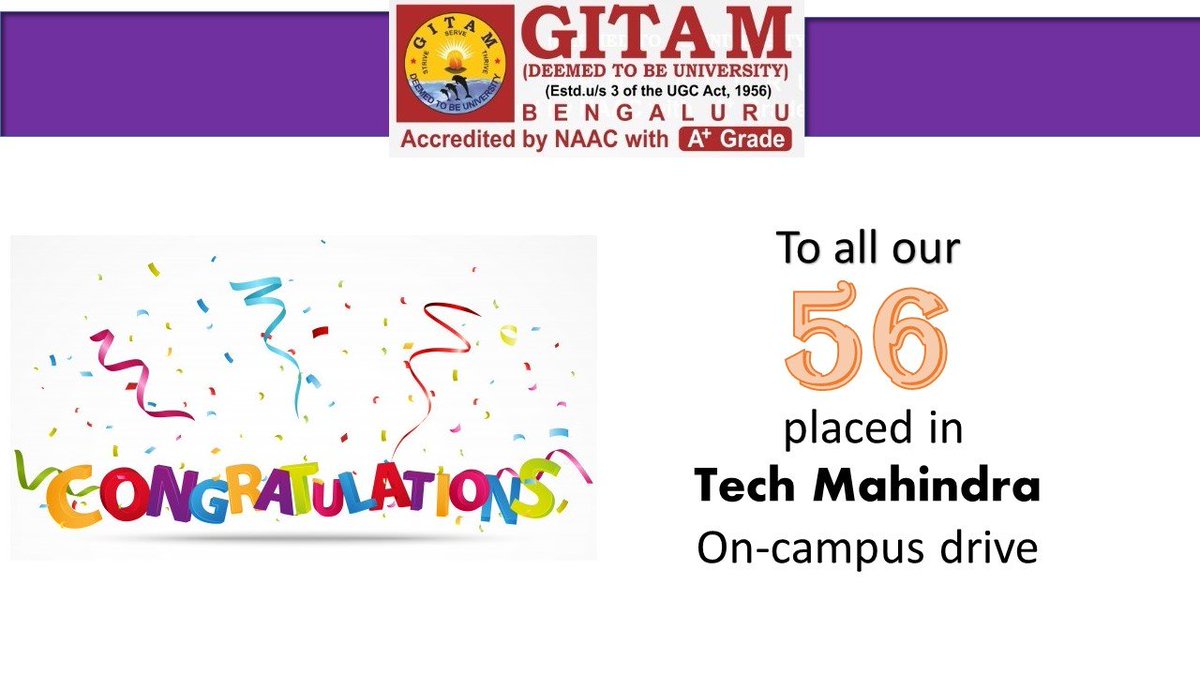 GITAM_Bengaluru's tweet photo. GITAM Bengaluru congrats and wishes all the very best to the 56 achievers selected in the Tech Mahindra on- campus drive #campusdrive #placements #gitambengaluru https://t.co/TXWFeYCoOb