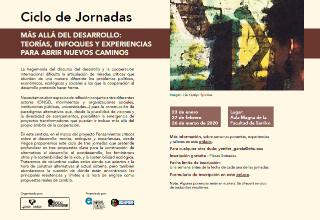 ehualumni's tweet photo. 🔰Ciclo de jornadas: "Más allá del desarrollo:Teorías, enfoques y experiencias para abrir nuevos caminos"
📇23 /01, 27/02 , 26/03 de 2020
📍Facultad de Sarriko (Bilbao)
Plazas limitadas
🧐 https://t.co/2yduT7Ryq7 https://t.co/4aiQrJLT1X