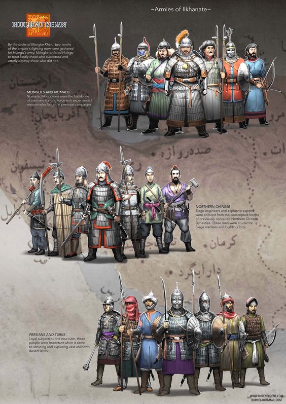 "The Armies of the Ilkhanate"Illustration shows different types of soldiers: Mongols and Nomads, Northern Chinese and Persian/Turks.