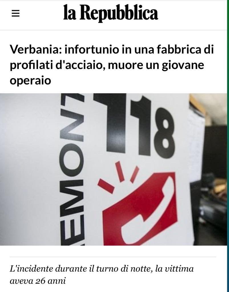 Ancora una tragedia sul #lavoro: un giovane di 26 anni a #Verbania morto in un’acciaieria. Una lunga scia di sangue dovuta alla mancanza di controlli, prevenzione, rispetto delle regole. La sicurezza non può essere un optional ma una priorità in tutti i luoghi di lavoro