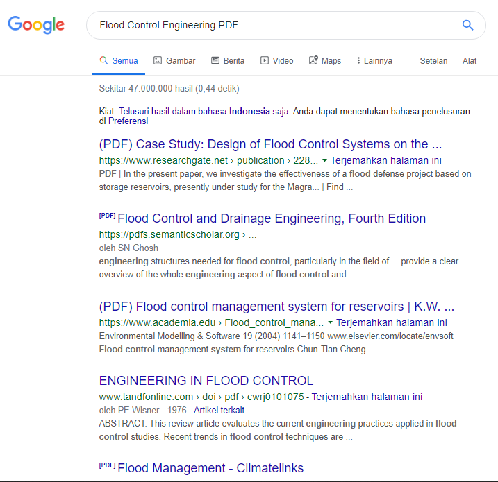 MethodologistID's tweet photo. Nyari paper dan jurnal/prosiding ilmiah paling gampang itu pakai Google. 

Ketik aja "PDF" di akhir kata/frasa/klausa/kalimat yang mau kita cari di kolom pencarian Google.

Misal kita mau mencari tentang "Flood Control Engineering", maka tulis aja "Flood Control Engineering PDF". https://t.co/6aESeCTk11