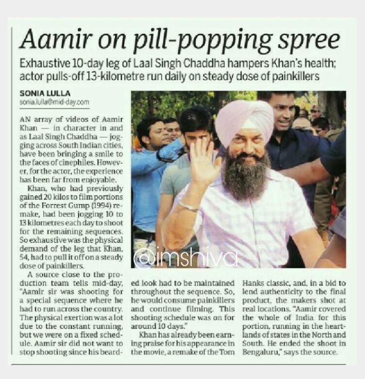 Aamir on pill-popping 
  spree. #AamrKhan 

Exhaustive 10-day leg 
 of #LaalSinghChadda 
hampers <a href="/aamir_khan/">khan saab 🥰</a>'s health;
 actor pulls-off 13-kilometre run 
daily on steady close of painkillers.