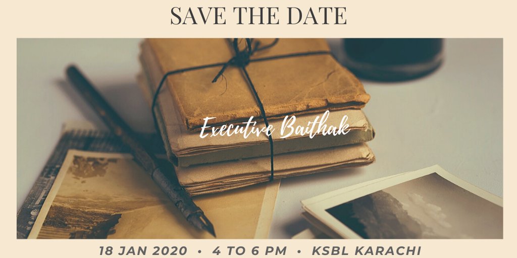 ExecutiveBaith1's tweet photo. Register now for 2020's first Executive Baithak powered by @epiphanypk 

Topic: TBA
Date: Saturday, January 18, 2020
Time: 4:00 – 6:00 PM
Venue: Karachi School of Business &amp; Leadership
Panelists (Yet to confirm):

Register Now: https://t.co/M13T3ymiS7

#executivebaithak #epiphany https://t.co/pacirrBeZK
